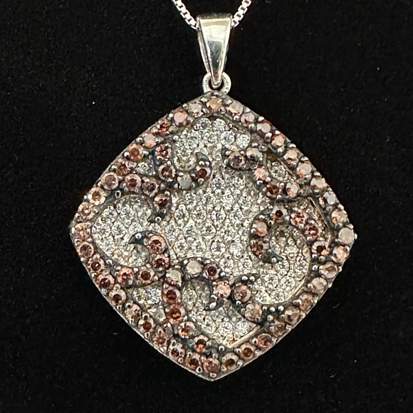 Chocolate and White Cubic Zirconia Layered Necklace in Sterling Silver. - Picture 1 of 8